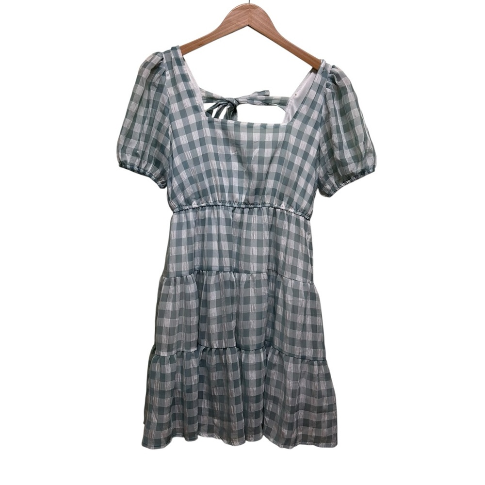 Mine Bluish Gray White Check Babydoll Puffy Sleeve Mini Milkmaid Dress Size S